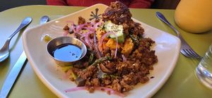 Sweet Potato Veggie Smash Up with Soyrizo substituted for eggs and the Sriracha Maple Syrup on the side. at Snooze in Westminster