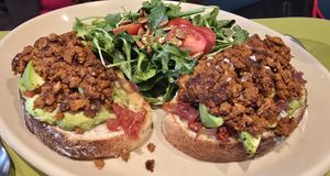 Vegan Bravocado  Toast with Vegan chorizo substituted for egg and no Parmesan cheese. at Snooze in Westminster