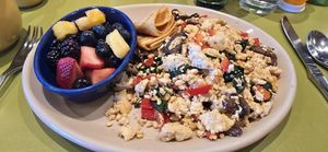 Scrambled tofu with mushrooms, spinach, peppers, tortillas grilled dry (or else they are too oily), and fruit cup substituted for hash browns. at Snooze in Westminster