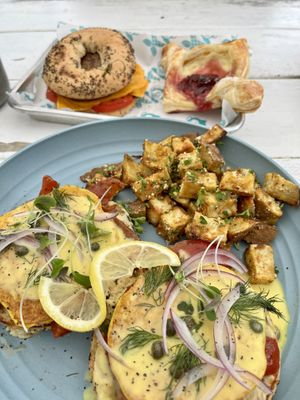 Sausage and egger with cherry danish, Benny with potato’s    at Sea Monkey Coffee Co - Coffee Cart  in Gibsons