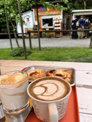 Vegan danishes, caramel affogato, an amazing green tea lattee  at Sea Monkey Coffee Co - Coffee Cart  in Gibsons