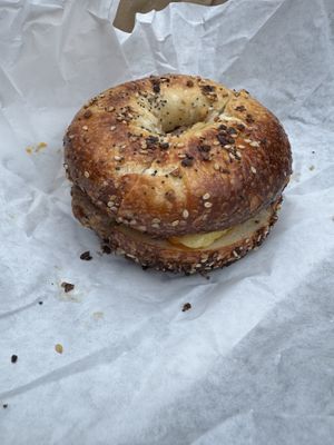 The same sandwich but undivided and upside downn  at Spielman Bagels - Division in Portland