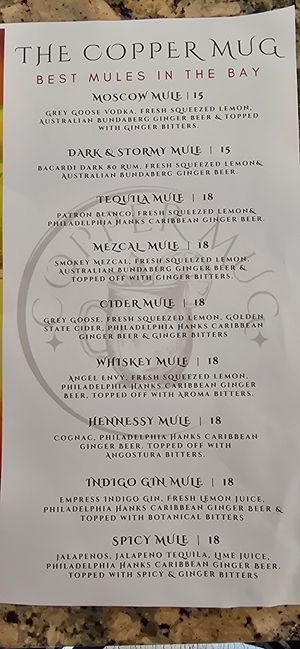 Drink menu at Copper Mug in El Sobrante