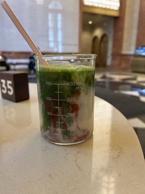 Strawberry matcha with almond milk  at Mojo Coffee in Chicago