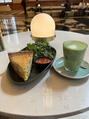 Vegetarian mushroom cheddar quiche with almond milk matcha.    at Mojo Coffee in Chicago