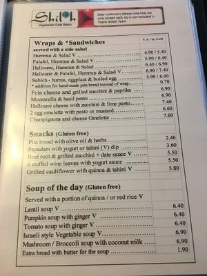 menu at Shiloh Vegetarian Cafe in Berlin