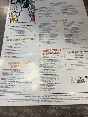 Menu clearly marked! Do note— some things are vegan but not marked, like the oatmeal.   at Snow City Cafe in Anchorage