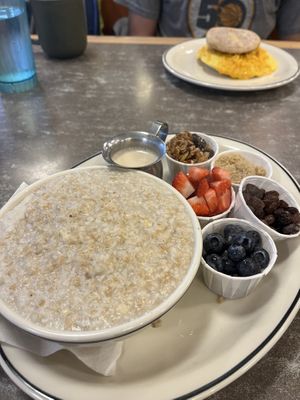 My husband got a breakfast sandwich with JustEgg & cheese; it was $4 more to be vegan. I got the oats with fruit added & it was so warm and filling. I love oatmeal & it was needed! at Snow City Cafe in Anchorage