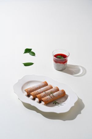 Dessert menu : Coconut Chia Seed & Berry Jam, Cream Cannelloni at Plantude - Godeok  in Seoul