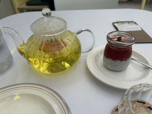 Korean Marigold Tea and the Coconut Chia seed pudding with berry jam  at Plantude - Godeok  in Seoul