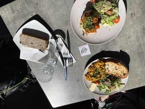 Sunny outdoor seating  at Stullenfabrik in Leipzig