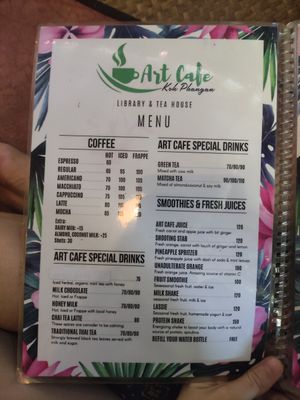 Menu at Art Cafe in Koh Phangan
