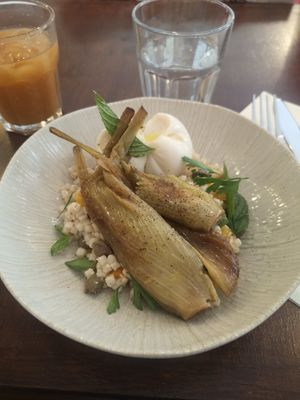 Roasted fennel with fregola, almonds, capers and vegan mozzarella at Mauvaise Herbe in Marseille
