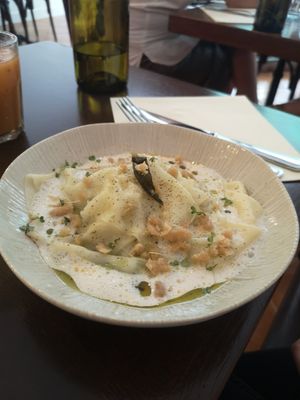 Open ravioli with aubergine, tomato sauce and sage at Mauvaise Herbe in Marseille