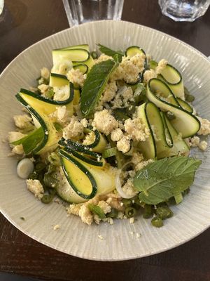 Zucchini tagliatelle with vegan feta at Mauvaise Herbe in Marseille