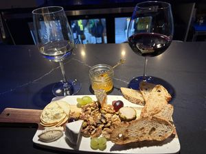 Cheese board: artisan Rebel cheeses and homemade jam  at La Cave in Pasadena