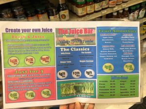 Juice menu at Village Health Foods in Modesto