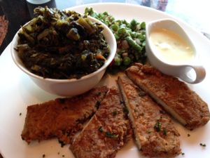 Seaweed wrapped soy fish with collards and raw green beans at ELife in Washington