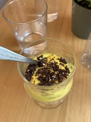 Vegan coconut and curcuma dessert  at Nur Natural Bistrot in Fuerteventura