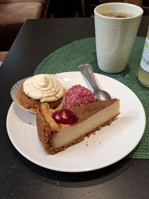 Cheesecake, carrot cake and a liquorice/raspberry ball at Bacchi Syre  in Stockholm
