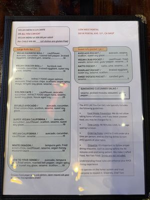 Menu as of Feb 2026  at Lion West Portal  in San Francisco