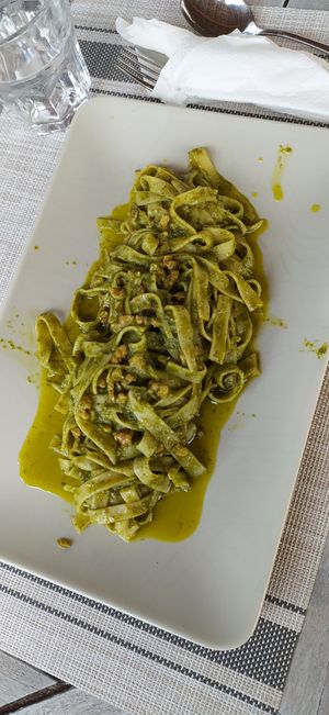 Tagliatelle al pesto di rucola e noci at Swami's Garden in Praia Da Luz