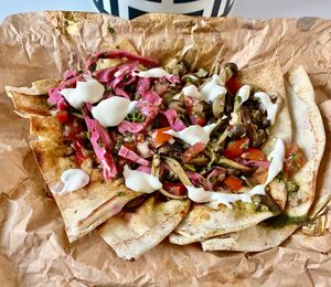 Oyster mushroom flatbread  at Chamo in Dubai