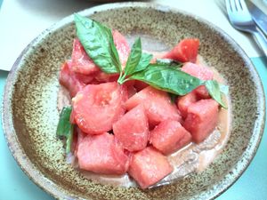 Watermelon and tomato at Caravane Cafe in Bergerac