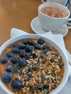 Vegan porridge and oat cappuccino at Rosie's Cafe in Dublin