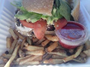 This burger came with caramelized onions and sauteed mushrooms, plus I added the side of avocado.  Fries definitely pass the great-without-ketchup test!    at Source Mini in Berkeley