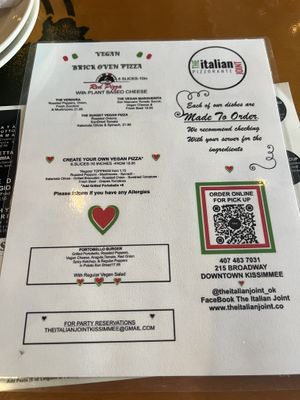 Vegan menu  at The Italian Joint  in Kissimmee