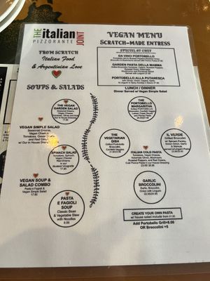 Vegan menu  at The Italian Joint  in Kissimmee