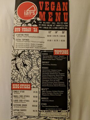 Vegan menu, front at Ian's Pizza in Milwaukee