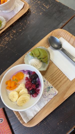 Homemade soy milk yogurt bowl & matcha muffin  at vio natural sweets in Kochi