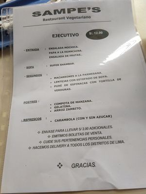 Menu of the day from May 8, 2023 at Sampe's Restaurante Vegetariano in Lima