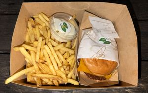 Burger and fries. Clearly marked vegan.  at Goldies Smashburger - The Playce in Berlin