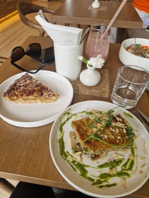 Lasagna, salad, and apple tart at Goodies - Полезные десерты in Minsk