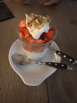 Strawberries & cream with almonds  at Le Petit Blangy by Mezzaluna in Saint-laurent-blangy