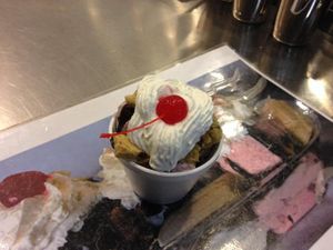vegan hot fudge sundae with chocolate chip cookie bits, whipped topping and cherry! at Babes Ice Cream in Milwaukee
