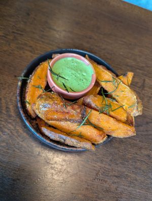 Rosemary sweet potato fries with green goddess vegan dip at The Botanist in Sheffield