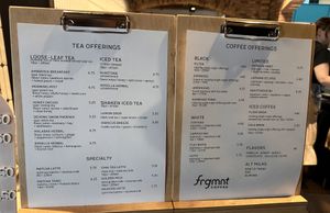 Beverage menu as of 4/16/25  at Frgmnt Coffee  in Minneapolis