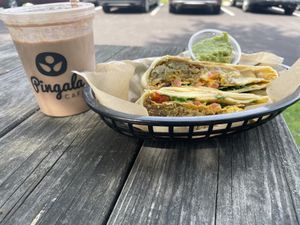 Brunchwrap and funky monkey smoothie   at Pingala Cafe in Burlington