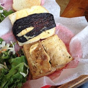tofu breakfast sandwich with eggplant bacon  at Pingala Cafe in Burlington