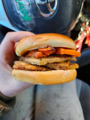 Breakfast sandwich--new bun style. Doesn't come with ketchup so get some on the side!! at Pingala Cafe in Burlington