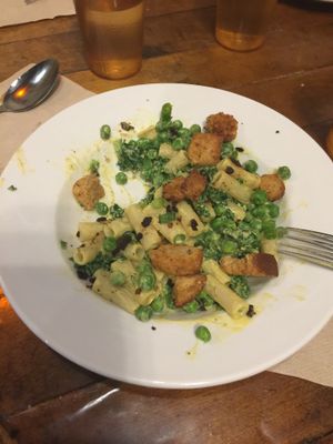 Mac n Cheese with eggplant bacon and peas. TheBomb.com! at Pingala Cafe in Burlington