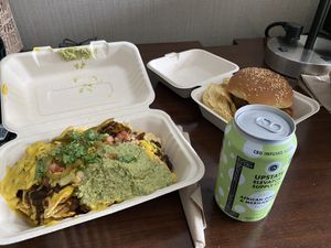 Nachos and Kimchi Burger at Pingala Cafe in Burlington