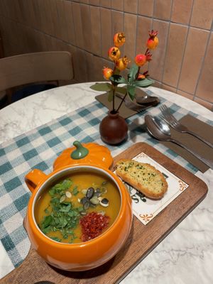 Pumpkin soup (Bread is not vegan!)  at Mama's Soup in Haarlem