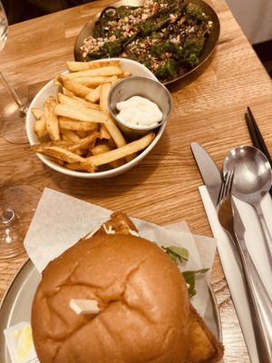 Vegan tofu burger and vegan pardon peppers dish, chips with vegan mayo  at Space Jaru in Dublin