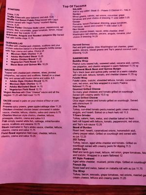 Menu at Top of Tacoma Bar and Cafe in Tacoma