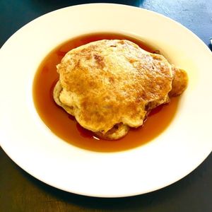 Banana and maple syrup American style pancakes at Mamma White's Pancake Parlour in Newark